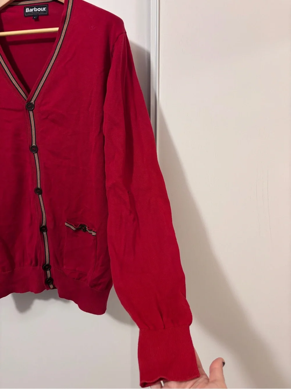 Barbour Mens Cardigan Size Large Red Stripes Trim Pocket Academia Preppy Varsity